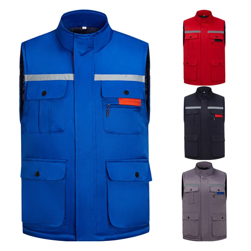 

Warm Vest Man Winter With Many Pockets and Reflective Stripes Male Sleeveless Jacket Men Fashion Zipper Pro Journalist Waistcoat