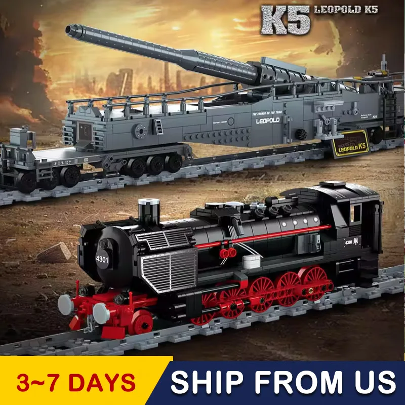 

In Stock Military WW2 K5 Train Gun Track Car Model Building Blocks Technical Classics Heavy Weapons Railway MOC Bricks Toys Gift