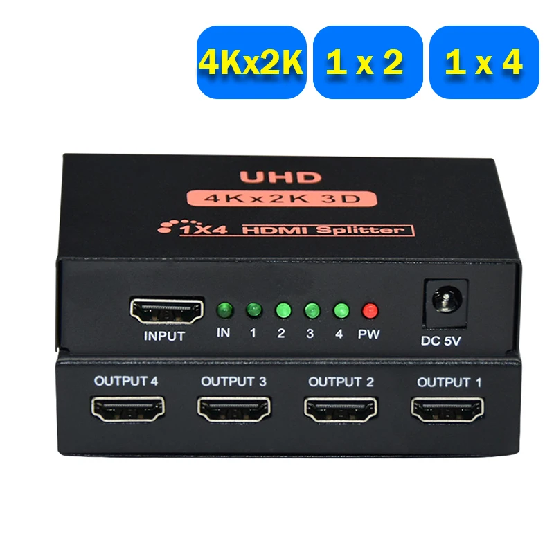 4Kx2K HDMI Splitter 1x2 1x4 Full HD HDMI Video Splitter 1 in 4 out Duplicate Display 1 Source to 2/4 Screens for PC TV Monitor