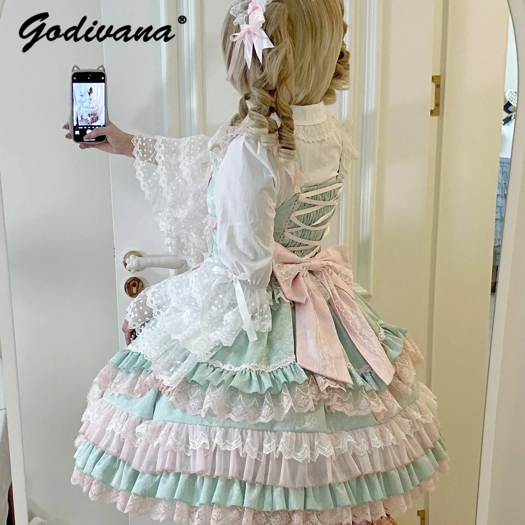 Original Lolita Dress Set Doll Feeling Girl Women's Sweet Jsk Suspender Dress Princess Fairy Lace Bow Sling Cake Dresses - Image 6
