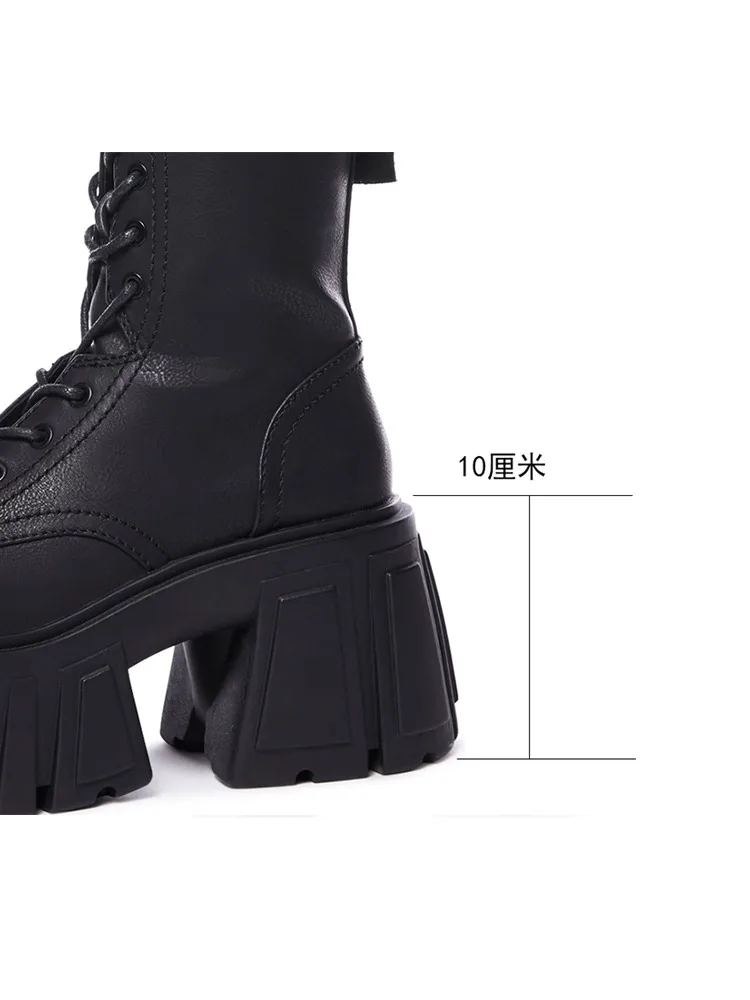 Damen Halbschaft Plateau Stiefel Mittelhoher Blockabsatz Chunky Schnürstiefel mit Seitlichem Reißverschluss Biker Punk Gothic Boots 2026 – Detail 5