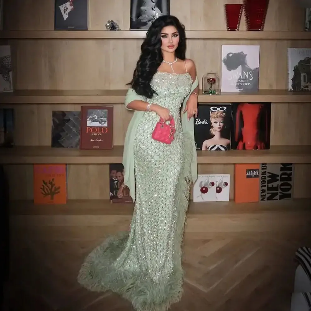 

Customized Mint Green Evening Dresses with Scarf Spaghetti Strap Sequin Maxi Dress Feather Mermaid Wedding Guest Gown