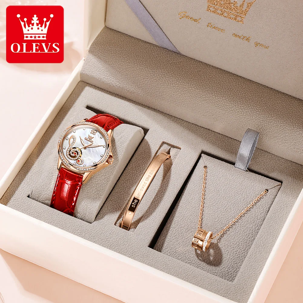 

3Pcs Set OLEVS Luxury Leather Strap Women Mechanical Watch Elegant Waterproof Musical Note Hollow Surface Ladies Wristwatch Gift