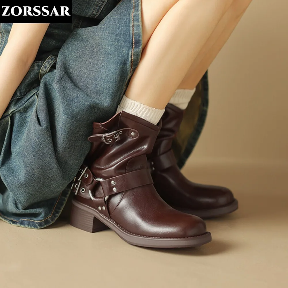

INS Genuine Leather Trendy Retro Punk Booties Round Toe Chunky Heels Ankle Motorcycle Boots Women Winter Shoes 2024 New