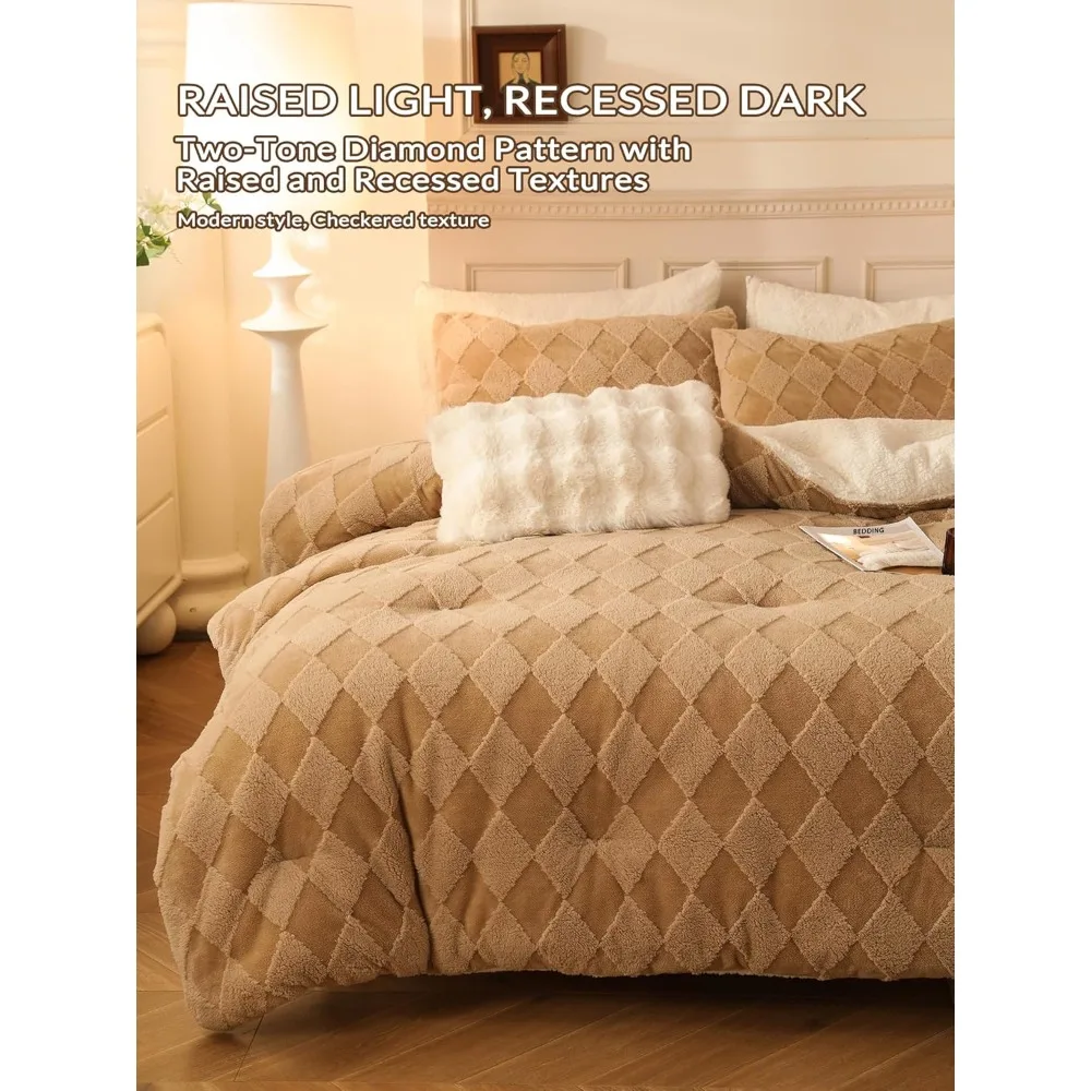 Fleece Comforter Set Queen - Super Soft Warm Fluffy Shaggy Bedding Sets, Diamond Plaid Jacquard Bed Set for Winter, 1 She