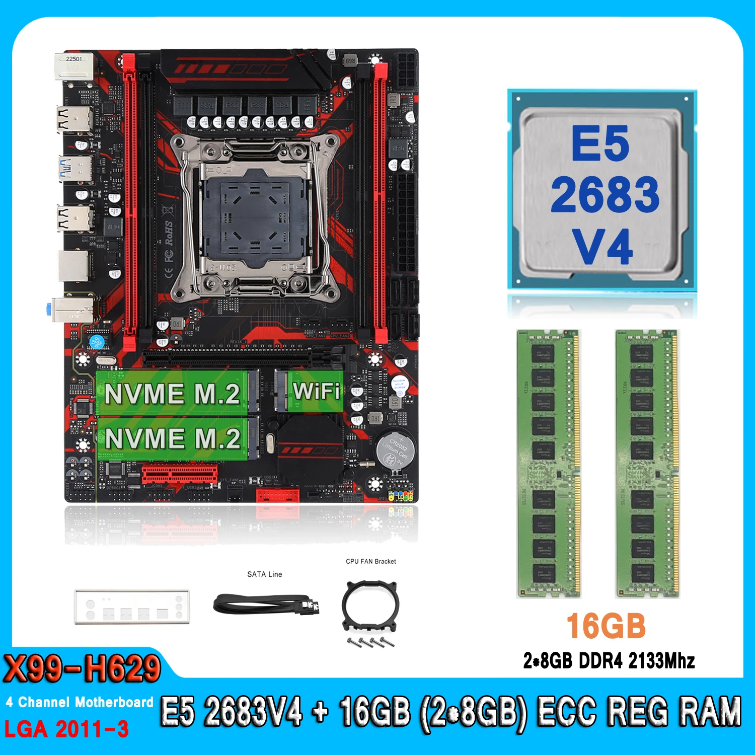 

Kit Xeon X99 Motherboard with E5 2683 V4 16GB(2*8GB) DDR4 2133MHz RECC Memory LGA 2011 E5 2683V4 Combo Set SATA3.0 M.2 NVME