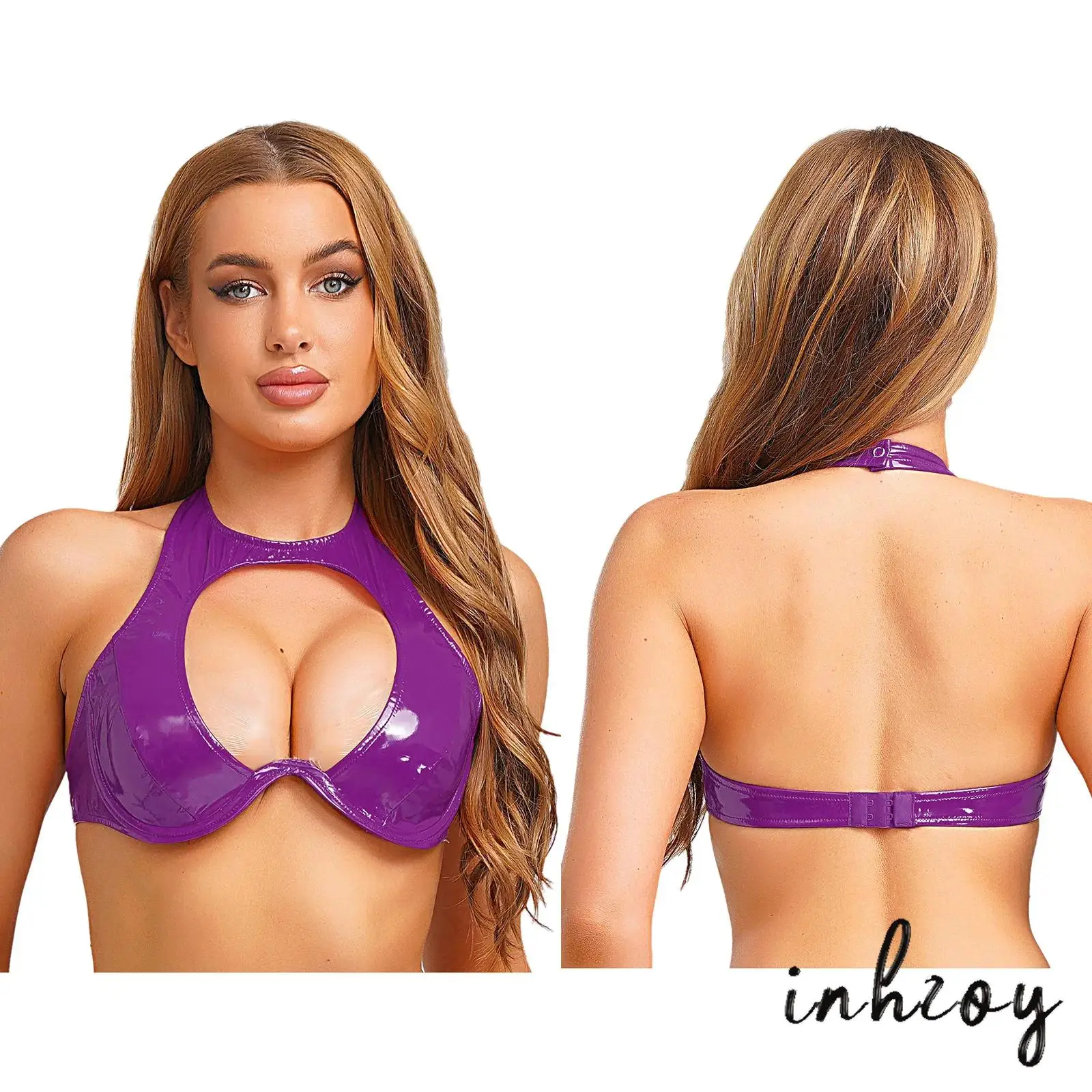 

Womens Wet Look Patent Leather Bra Cut Out Backless Lingerie Halter Underwire Push Up Bra Tops Bustier Clubwear Nightwear