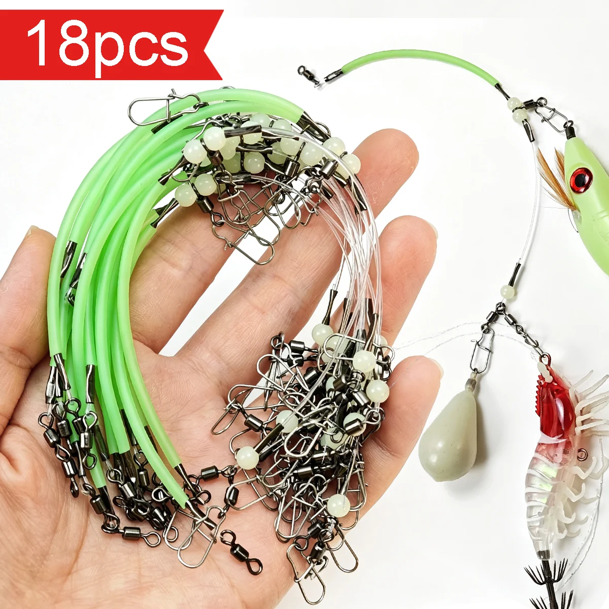 18 pièces de matériel de pêche au calmar lumineux pour eau salée, ligne de leader lumineuse avec perle lumineuse, émerillon et agrafe pour pêche au poulpe et au seiche.