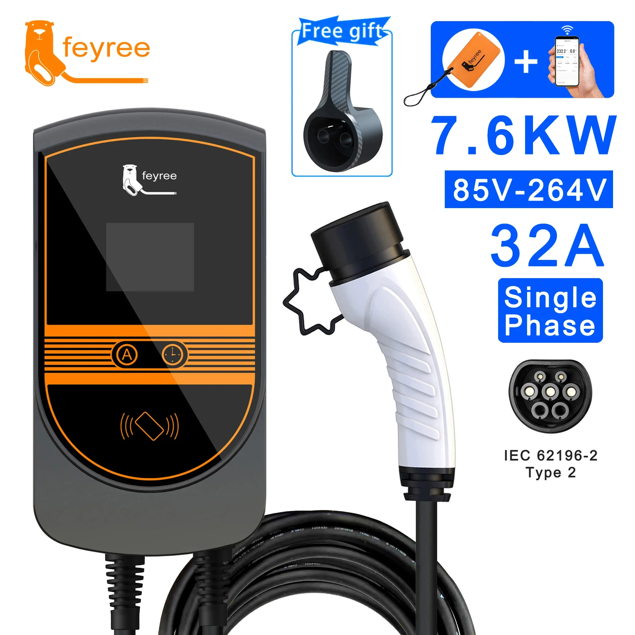 

EVSE Wallbox 7.6KW 32A Type 2 Cable EV Car Charger Wallmount Electric Vehicle Charging Station IEC62196-2 Cord APP Wifi Control