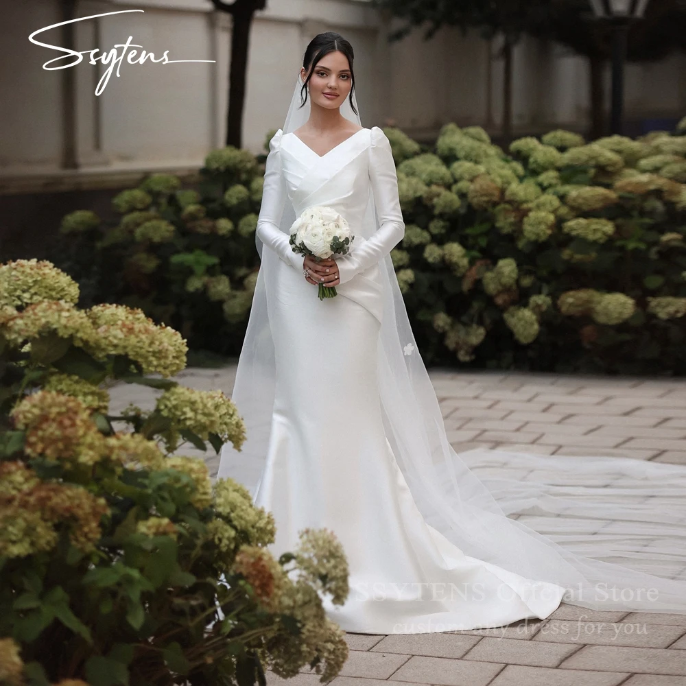 

SSYTENS Elegant Mermaid Wedding Dresses Women Long Sleeves V Neck Saudi Arabia Bridal Gown for Bride Vestido De Novia Customized