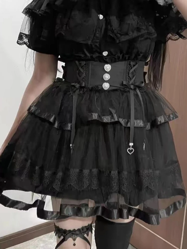 Japanese Lolita Dark Lace Cake Skirts Women Black Sweet Cool Heart Pendant Slim Waist Ruffle Mini Skirt Kawaii Fashion 2026 New