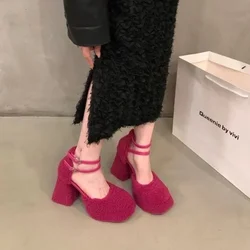 Shoes for Women 2025 Fashion Buckle Women's Pumps Winter Round Toe Solid Sexy Dress Chunky Heels Shallow Plus Velvet Shoes