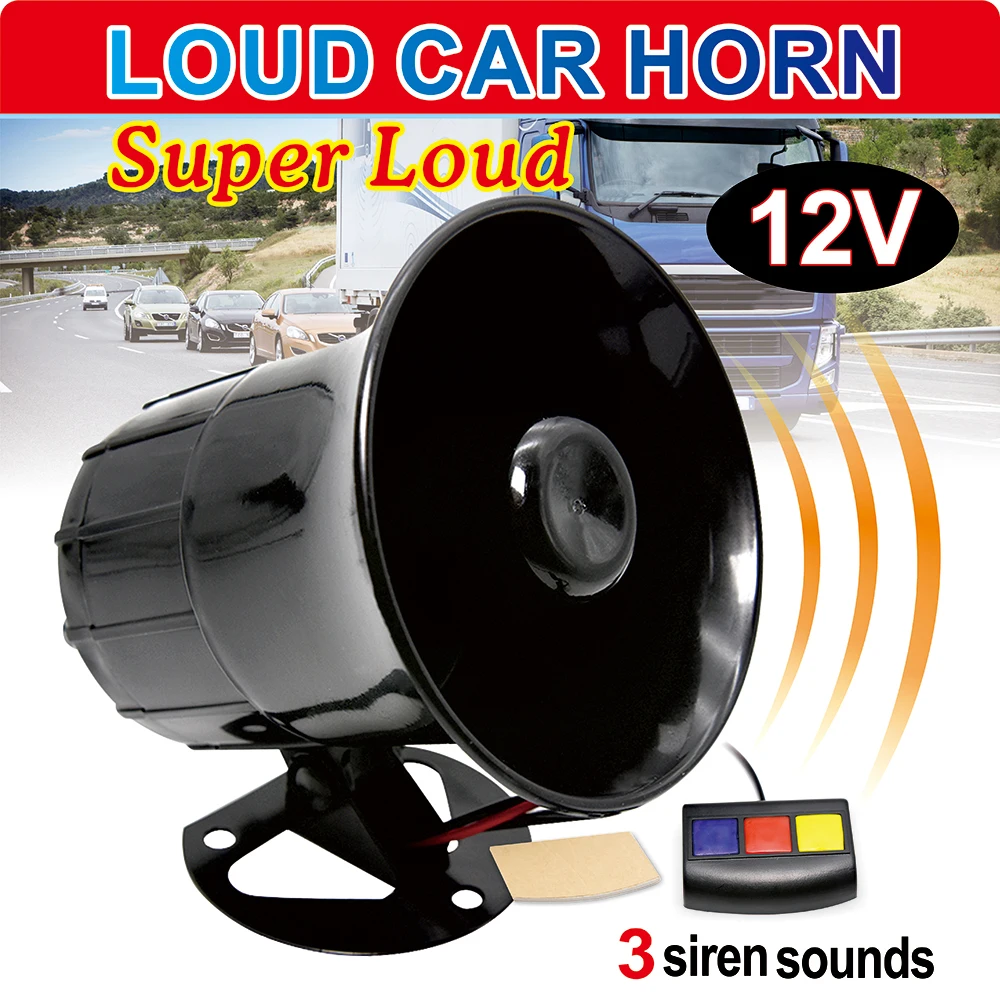 12V 115DB DC 3 Tone Sound Loud Car Horn Motorcycle Warning Alarm Police Fire Siren Horn Speaker Automotive Accessories Moto 20W