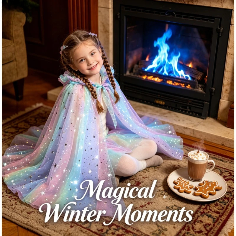 Girls LED Luminous Hooded Cloak Glowing Cape Kids Princess Dress Up New Year Holiday Party Cosplay Kids Photo Prop Outer Shawl