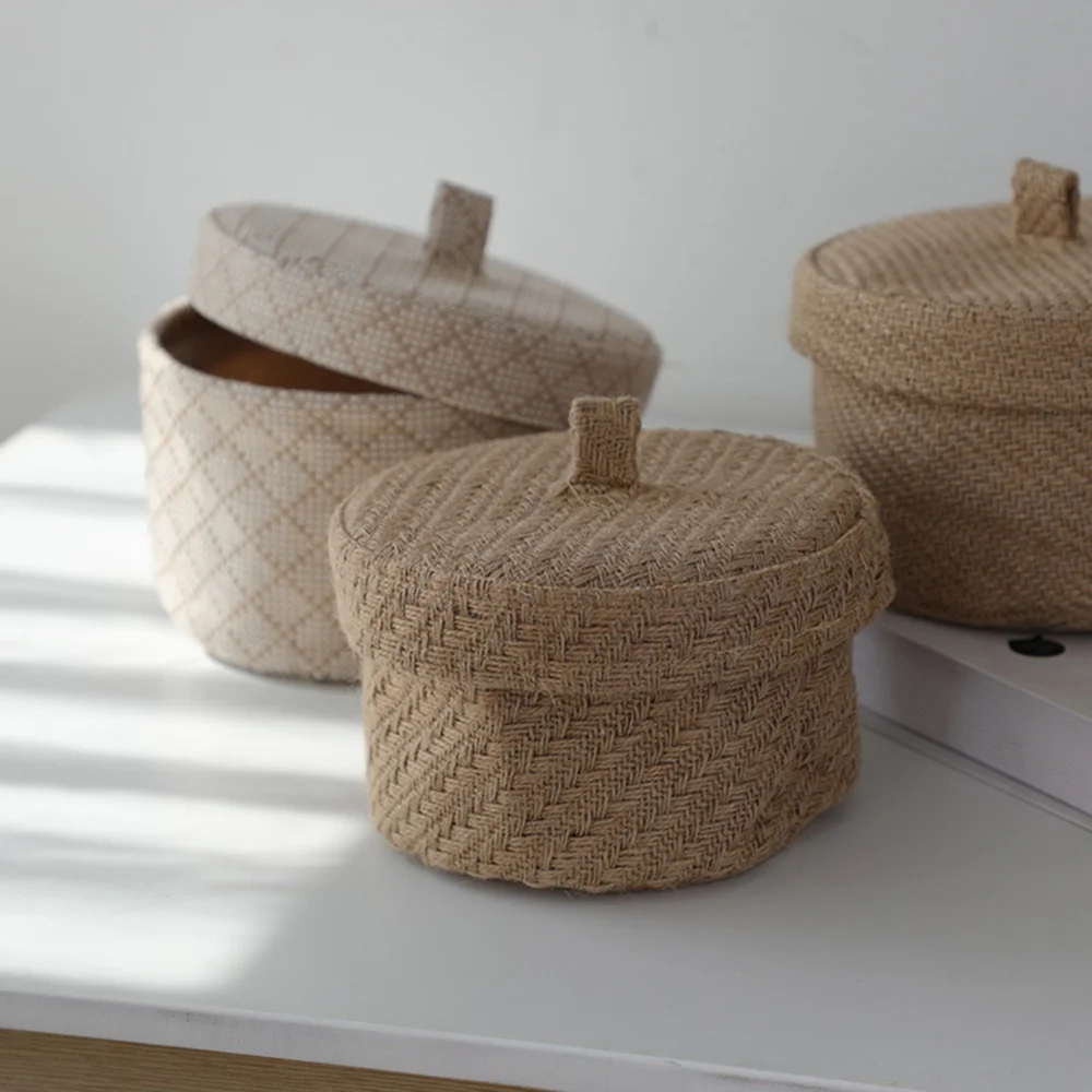 Wicker Seagrass Flower Pot Boxes Sundries Storage Baskets With Lids Weaving Snack Storage Box Jute Wardrobe Table Round Gift Box