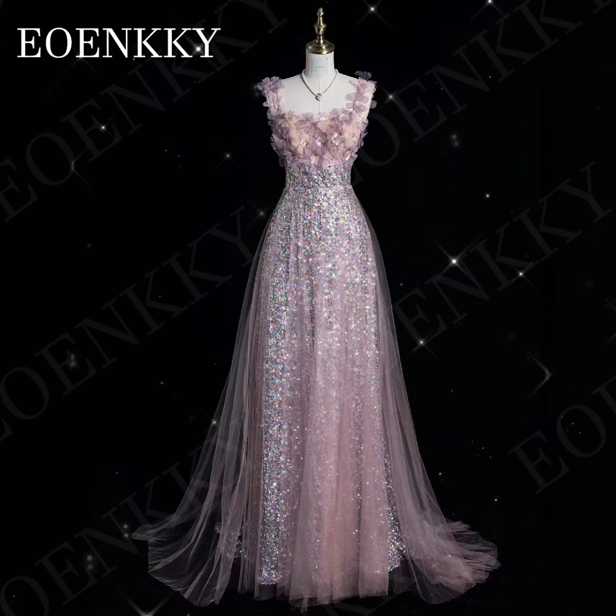 Sequin Sparkly Prom Dress Princess Dubai Luxury Glitter 3D Floral A Line Graduation Dress Square Neck vestidos de graduación