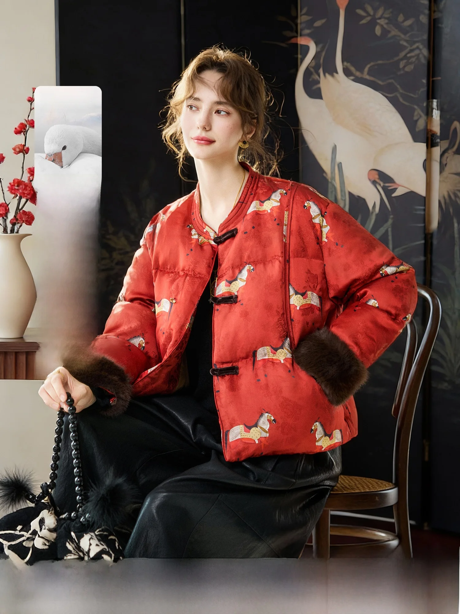 

New Chinese Style Red Duck down Jacket Large Fluffy Duck Feather Winter Coat Warm Thickened Ladies Fashion Commute Wear