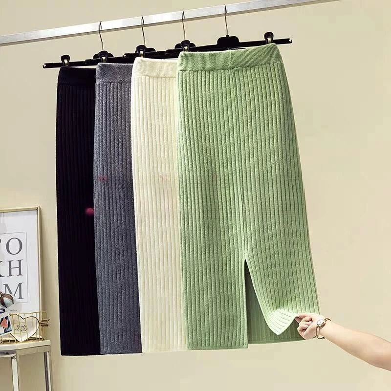 

Knitted Skirts for Women Fall Winter 2024 High Waisted Elegant Office Ladies Long Korean Fashion Warm Skirt R285