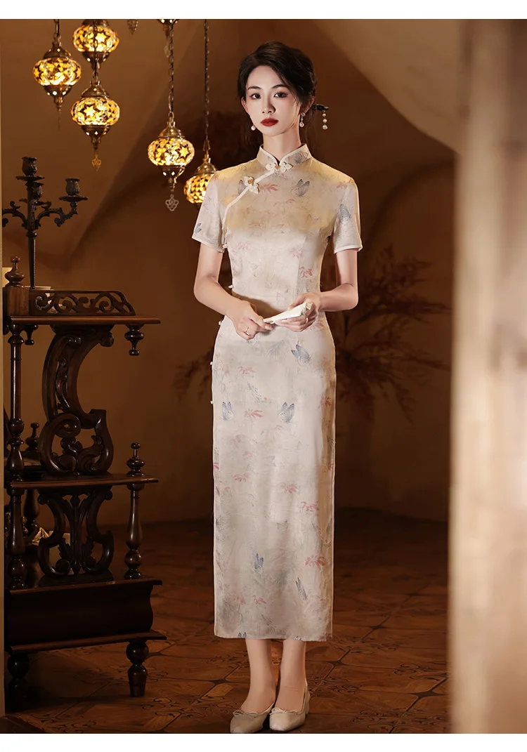 

Chinese Style Dresses Long Sexy Split Cheongsam Girl Butterfly Print Satin Short Sleeve Qipao
