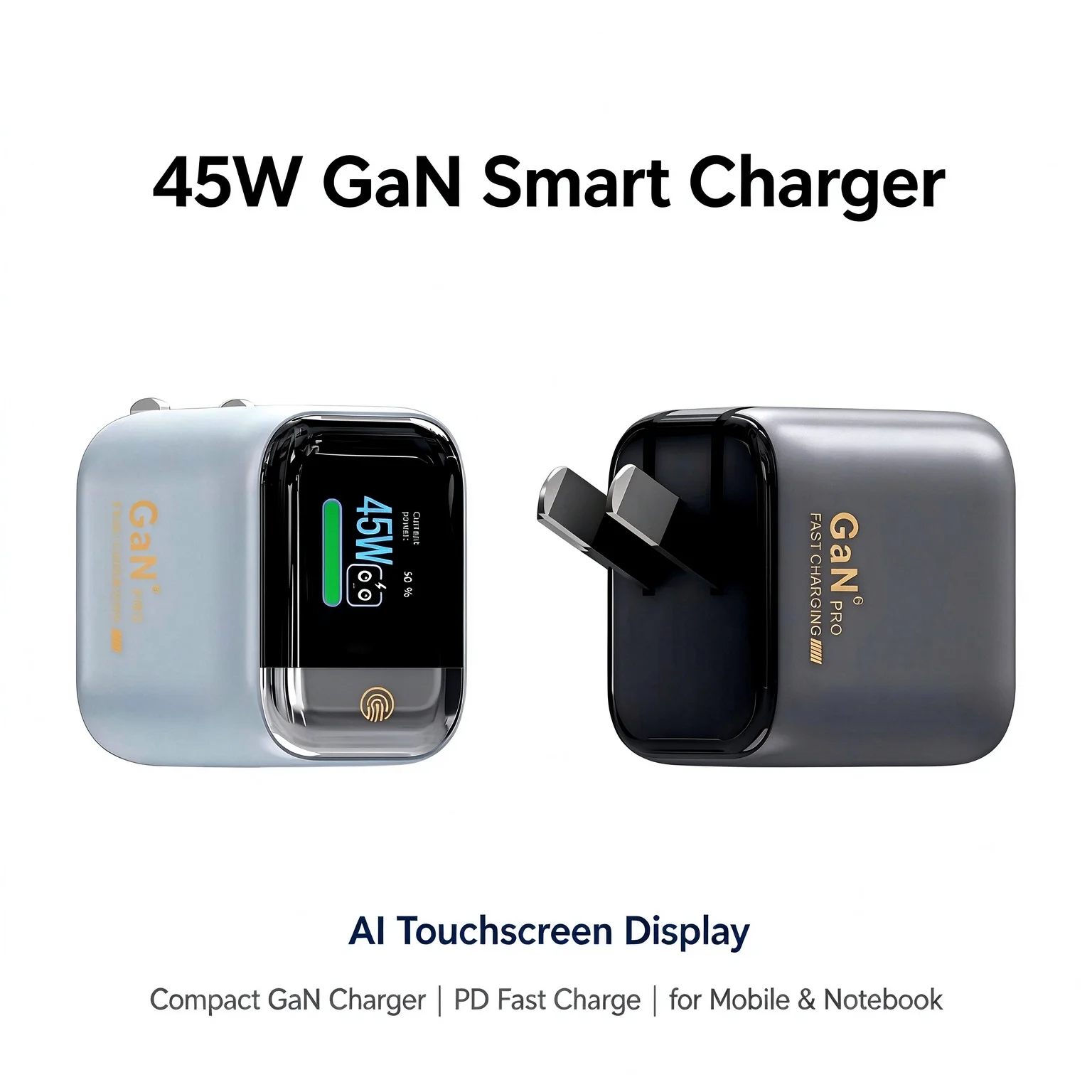 45W GaN Charger with Smart Touchscreen Display, Foldable Type-C PD Fast Charging Adapter for Phone Tablet Laptop