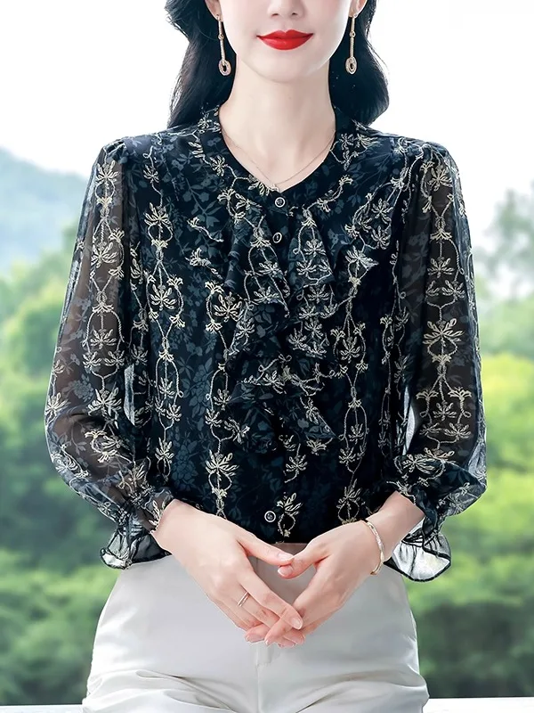 

Young Mom Floral Print Long Sleeve Chiffon Shirt Spring Fashion New Style Midi Shirt Middle Age Women Open Cardigan Top