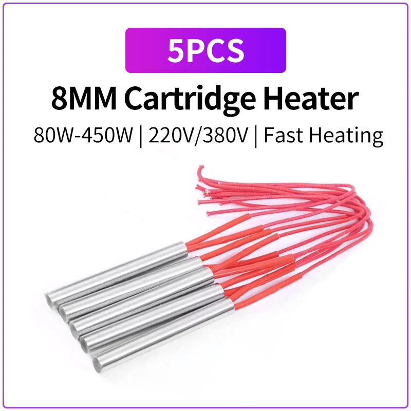 5PCS 8mm Cartridge Heater 80W-450W Single Head Heating Tube Dry Heating Element 220V 380V Mold Heater Industrial Heating Rod