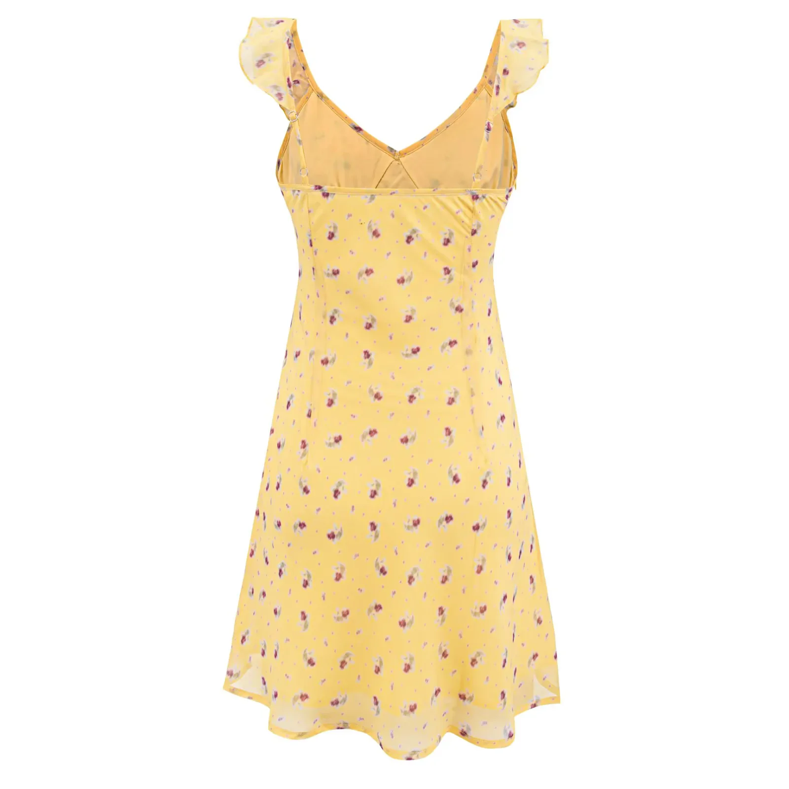 Rustic Floral Print V-neck Strap Dress Women's Yellow Belted Waist Short Skirt Casual A-line Silhouette No Sleeve Slim Fit