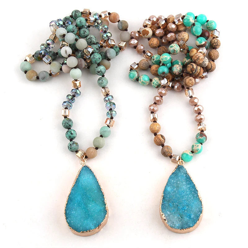 RH Fashion Bohemian Jewelry Accessory 8mm Stones Knotted Crystal With Blue Druzy Dorp Pendant Necklaces For Women Gift