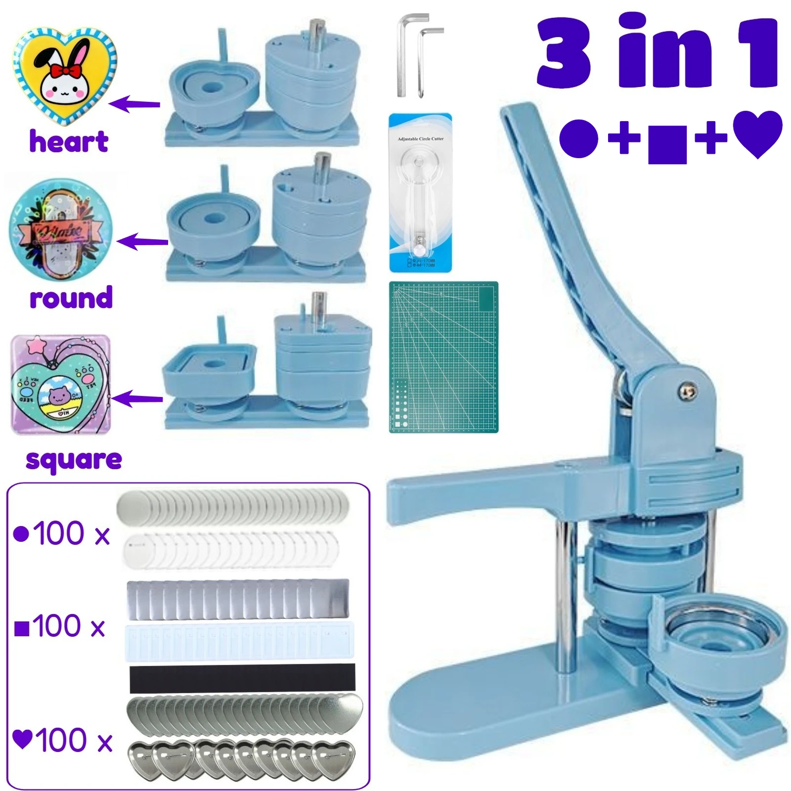 3 in 1 Button Maker Machine Multiple Sizes Round+Square+Heart-Shaped with 300 sets Metal Button Parts Circle Cutter Cutting Mat