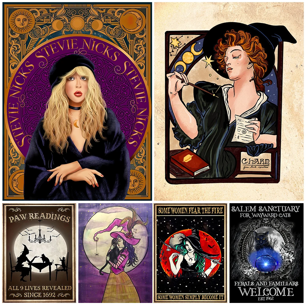 Magic Witches Vintage Poster,Salem Sanctuary For Wayward Cats Poster Art Nouveau Witch Wall Art Canvas Painting Home Decoration