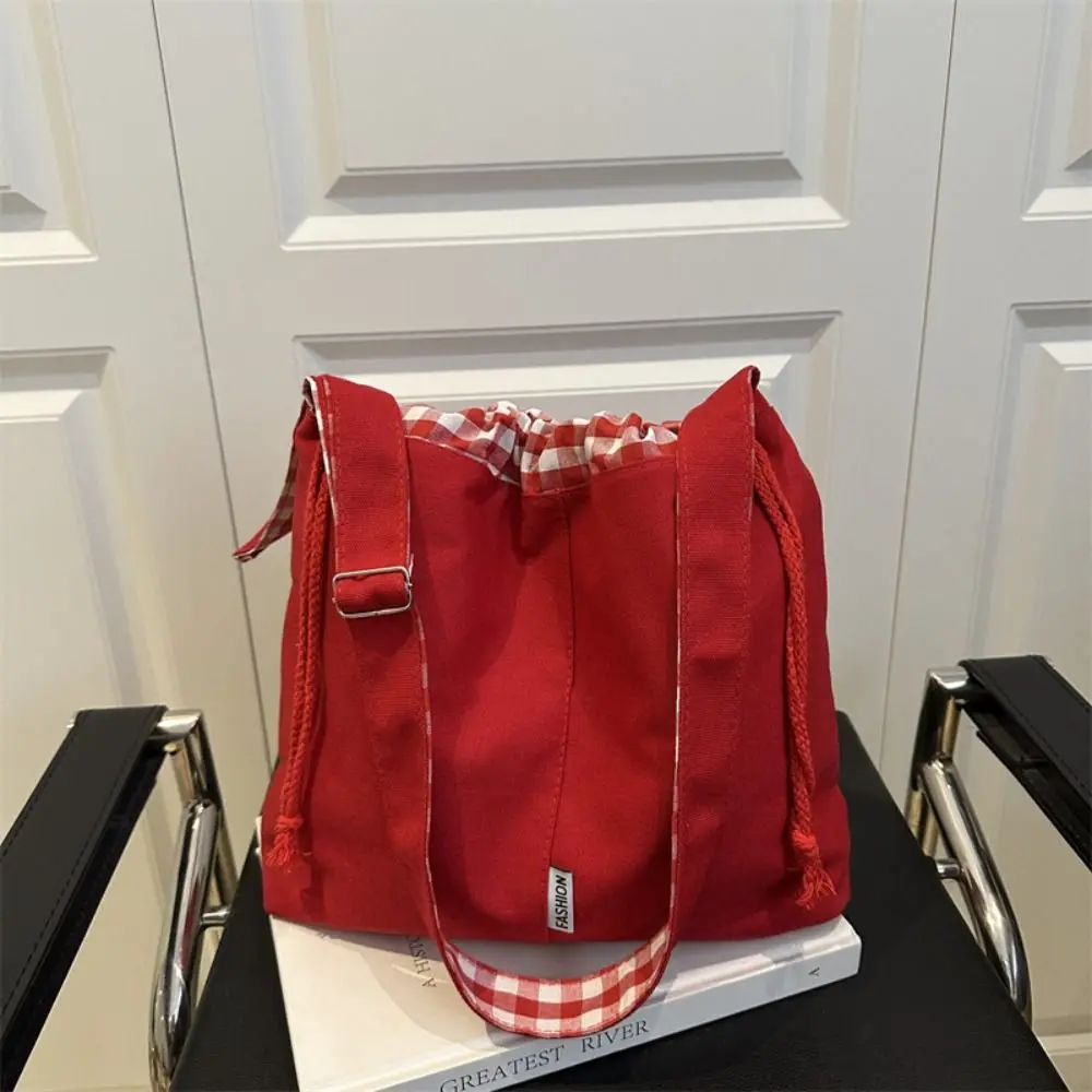 

Portable Cloth Drawstring Bucket Bag Retro Korean Style Denim Canvas Bag Geometric Large Capacity Tote Bag Women