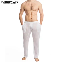 INCERUN 2024 American Style Men's Homewear Casual Cotton Linen Long Pants Male Fashion Sexy Perspective Thin Sleep Bottoms S-5XL