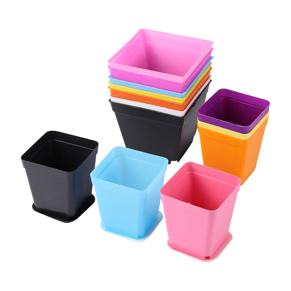 6pcs Plastic Succulent Plant Pot Mini Plastic Flower Nursery Pot With Tray Colorful Square Flower Pot Flower Plant Container