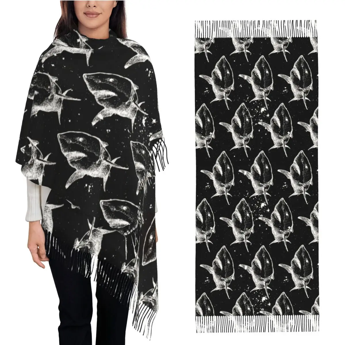 Shark Hand Drawn Underwater World Ocean Sea Marine Organism Shawls Wraps for Ladies Long Soft Scarf Neckerchief Shawl Scarves