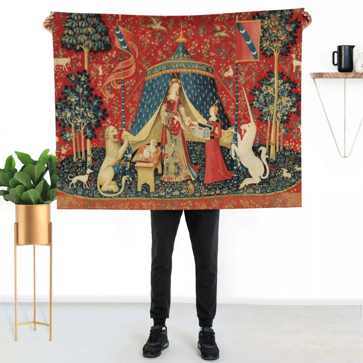 LADY AND UNICORN DESIRE ,Lion,Fantasy Flowers,Animals,Red Green Floral Throw Blanket Decorative Throw Custom Single Blankets