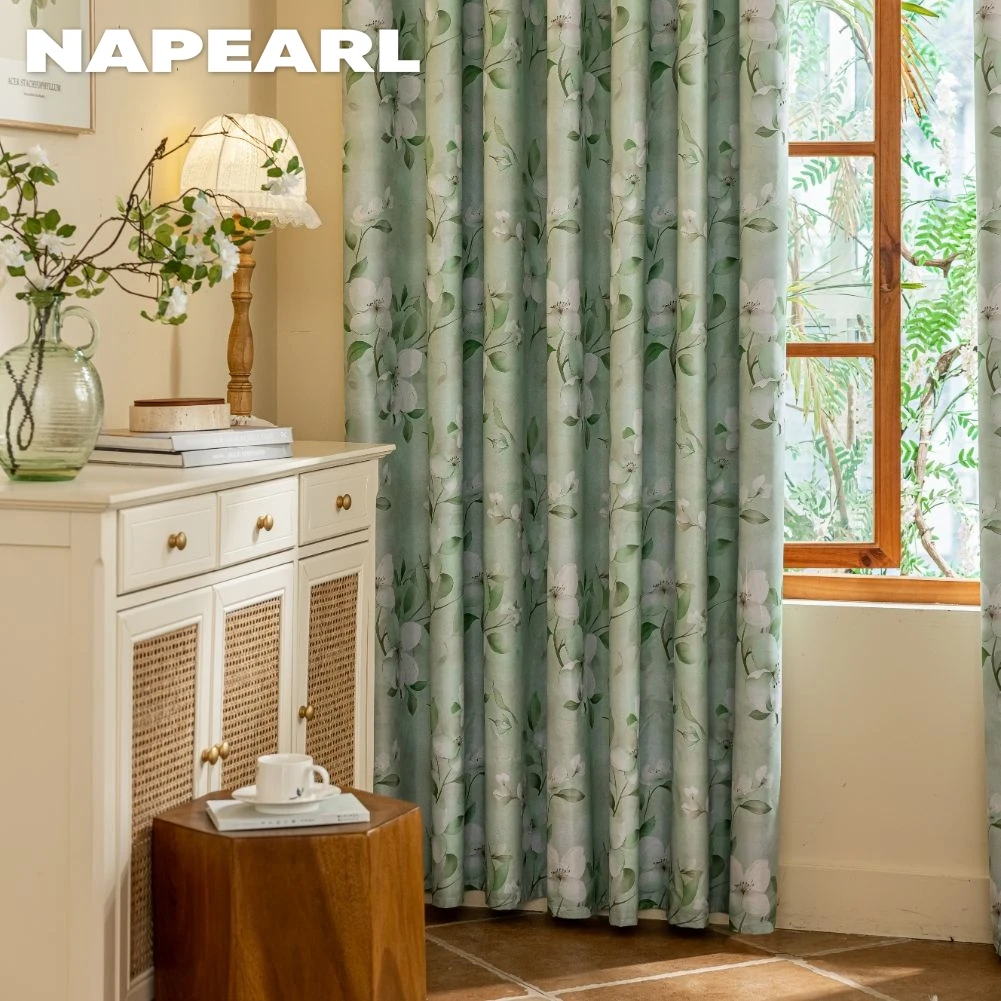 1PC European Style 100% Blackout Curtain for Bedroom Living Room Green Leaf Flower Printed Window Drapes Summer Curtains