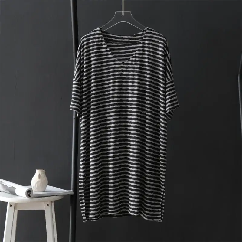 

Street Casual Striped V Neck Loose T Shirts Women Clothing New Short Sleeve All-match Vintage Tops Tees Fashion Harajuku Summer