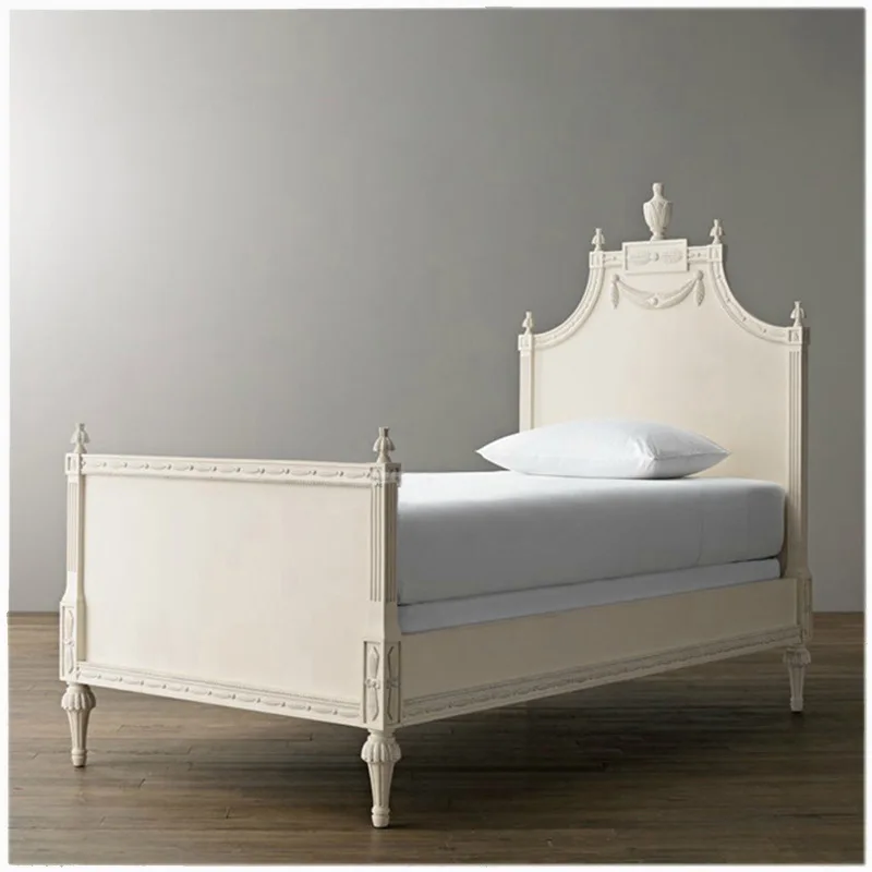 Solid wood carving flower white children's bed, model room small apartment princess room single girl bed