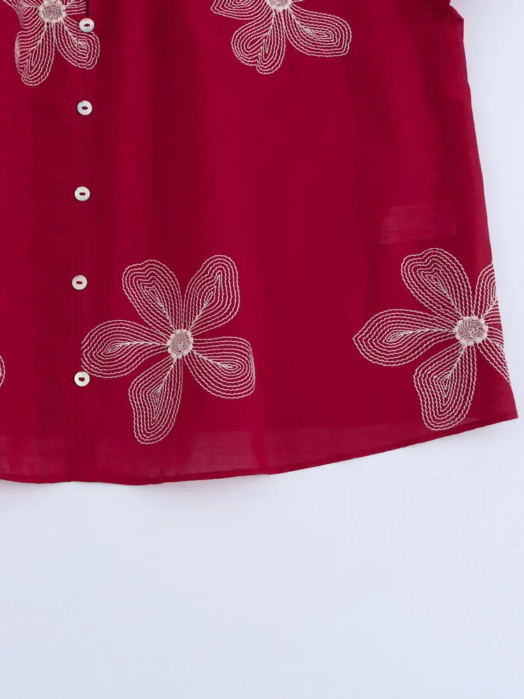 Camicette da donna con ricamo floreale alla moda, maniche lunghe, bottoni sul davanti, camicie da donna, top chic
