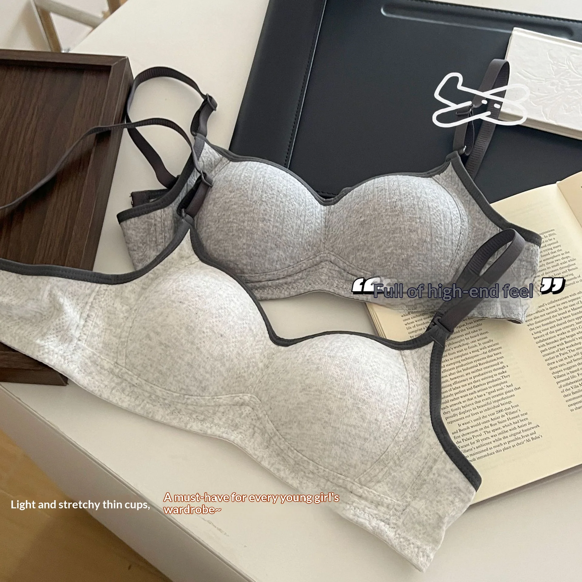 Grey Thin Bra, Comfortable Without Steel Rims, Soft Support, Small Chest Gathered, Collection Accessory, Breathable Bra