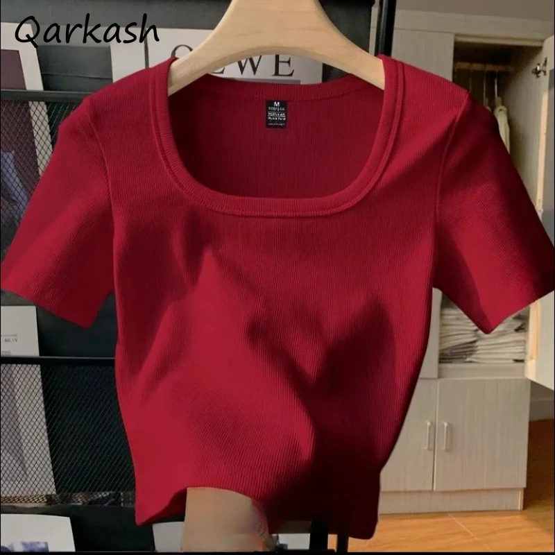 الصيف تي شيرت المرأة بسيطة المسمار Thred ساحة طوق قصيرة الأكمام الصيف سليم القمم الصلبة بسيطة كل مباراة الأساسية مريحة المحاصيل تيز