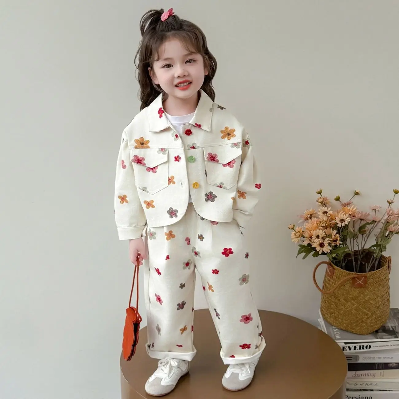 

Girls Spring Autumn Fashion Set Children's Casual Sweet Jacket plus Wide Leg Pants Two-Piece Set for Kids