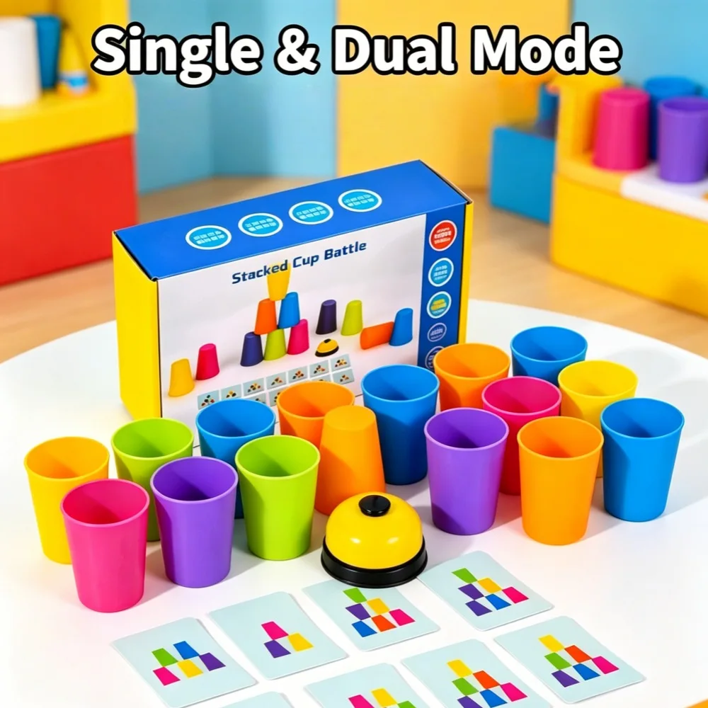 

Stacked Cup Battle Game, Speed Stacking Cups with Bell & 50 Challenge Cards, Family Board Game for 2 Players