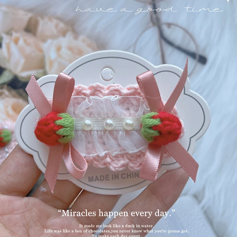 1 Pcs Handmade Wool Knitting Strawberry Vintage  Hairpin Children Crochet Hair Accessories Girl Trim Clip Sakura Pink