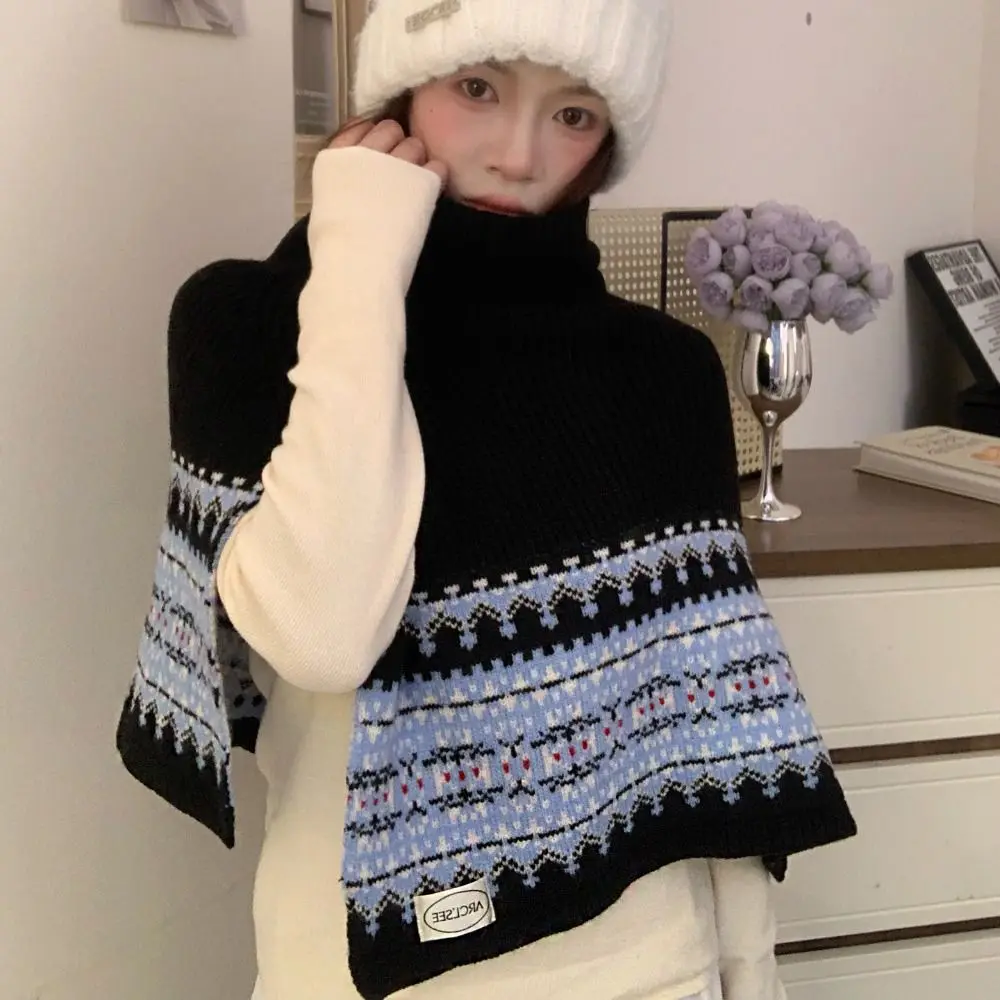 

Elegant Pullover Fair Isle Style Knitted Shawl Warm Irregular Neck Wraps Cloak Thicken Women Winter Shawl Girl