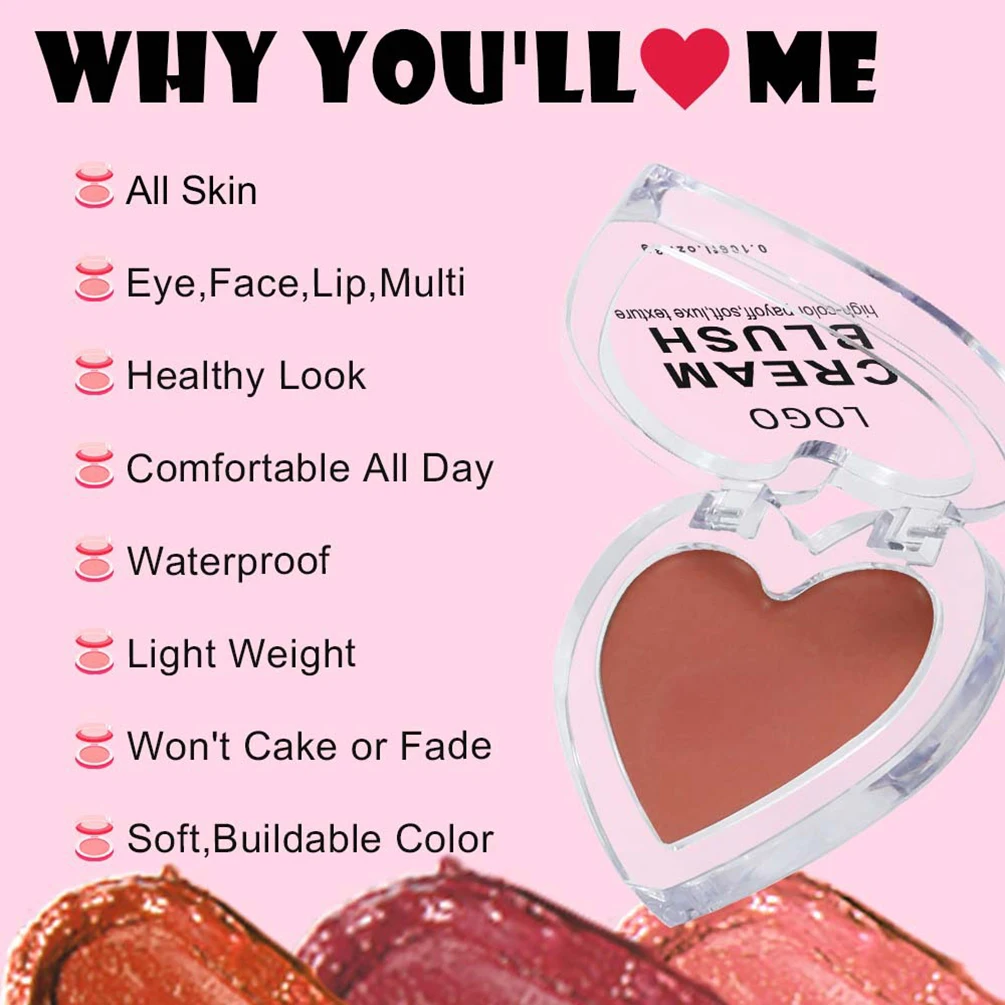 Fard in crema con etichetta privata a 13 colori Logo personalizzato Confezione a forma di cuore Fard idratante Pigmento impermeabile Guancia Trucco viso Vegan