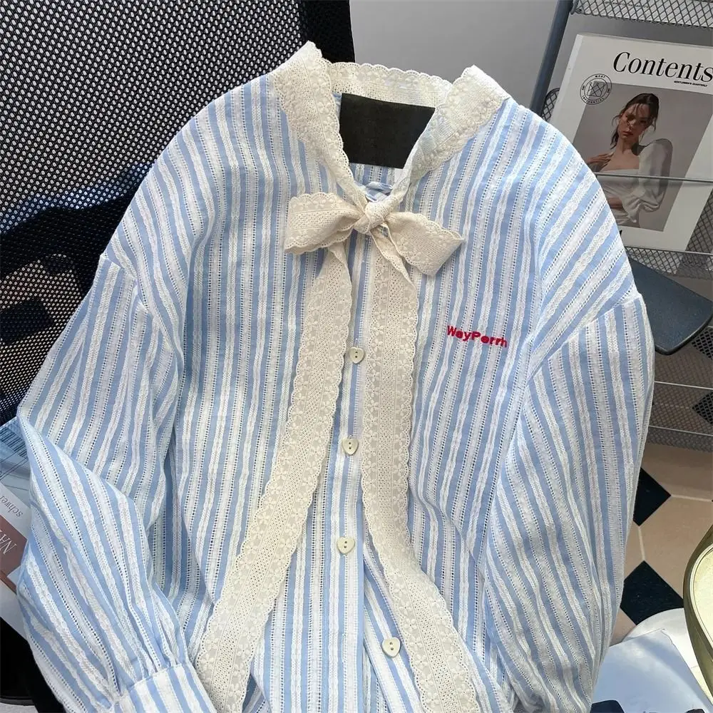 Women Korean Lacing Lace Bow Striped Blouse Spring Summer Temperament Long Sleeve Top Tee Prairie Chic Patchwork Loose Shirts