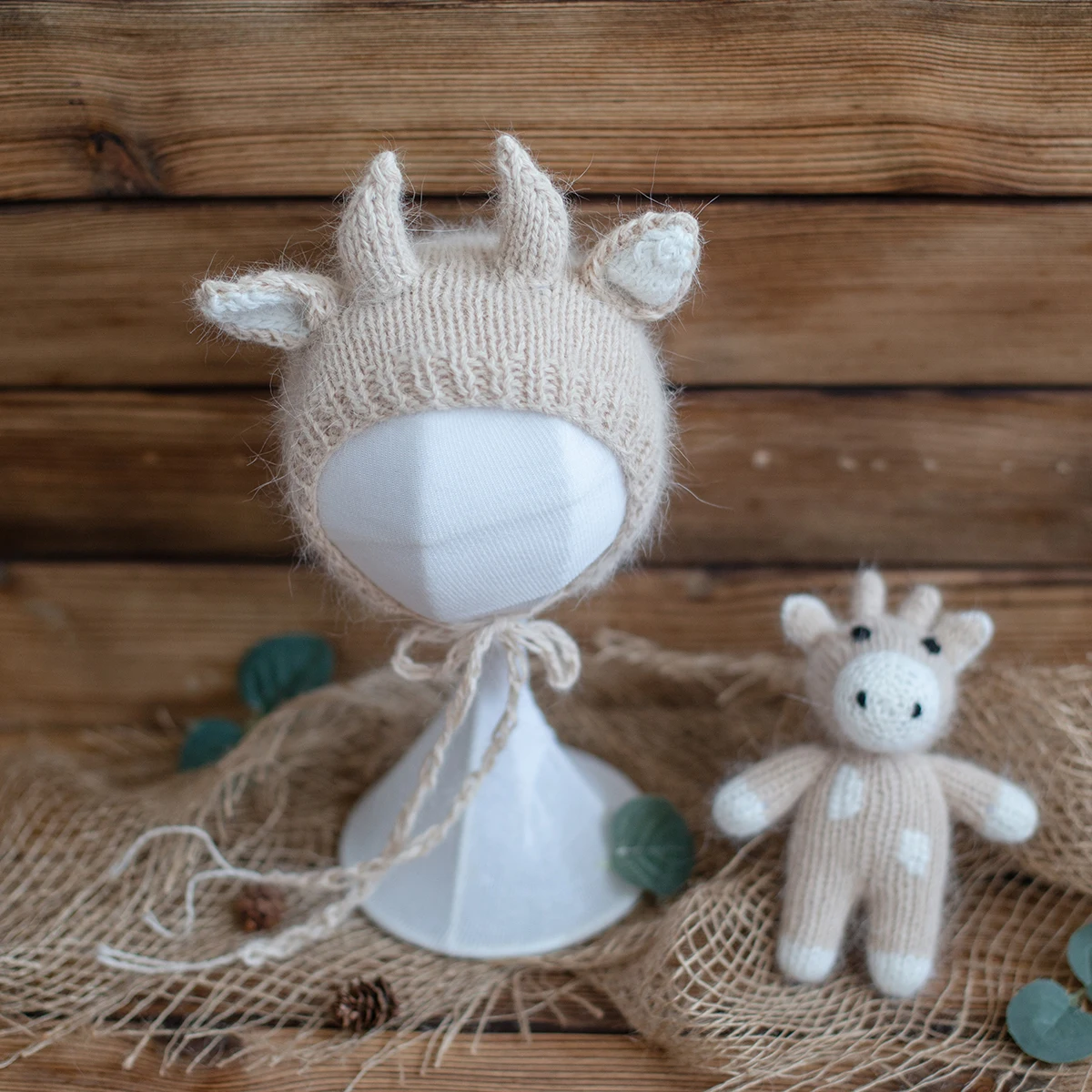

Hand Crochet Mohair Cow Toy And Hat Newborn Photography Props Knit Baby Bonnet Lovely Animal Toy Photo Prop