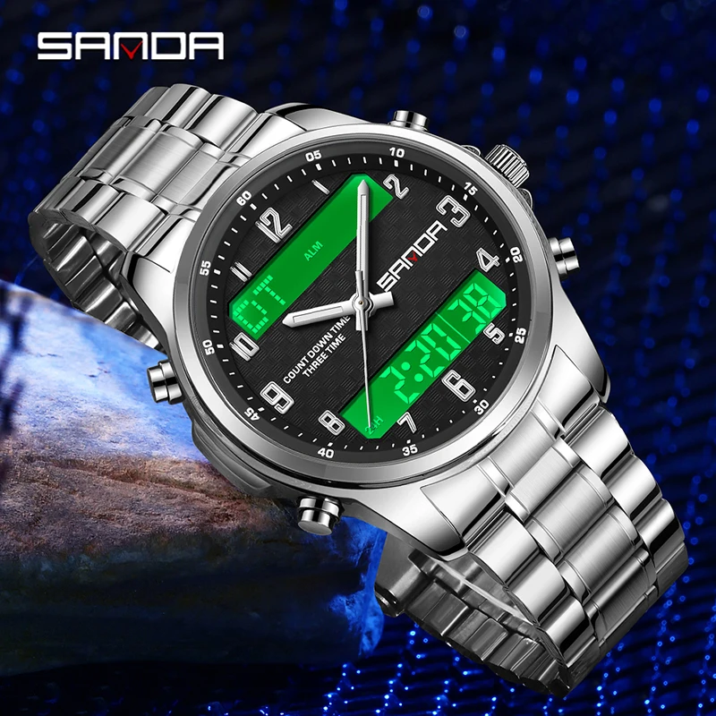 SANDA 9119 العرض المزدوج حزام ناقل من الفولاذ ساعة رجالية حركة مزدوجة متعددة الوظائف توقيت ضوء الليل ساعة تنبيه 5ATM مقاوم للماء