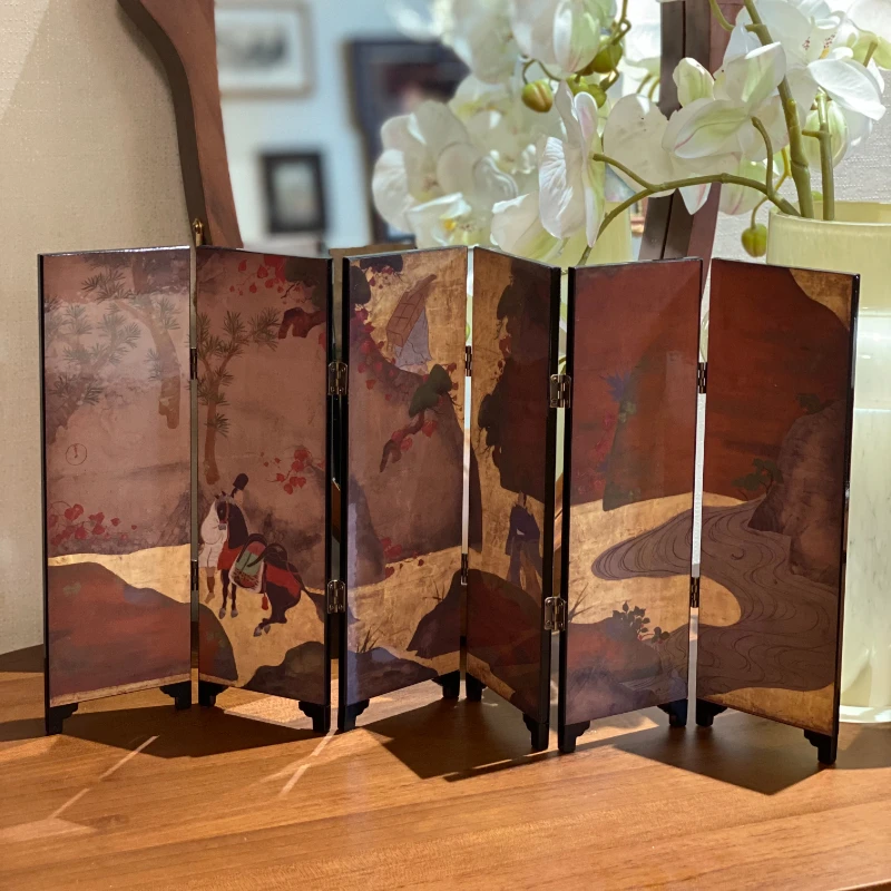 

Desktop Screen Lacquerware Decoration Japanese Retro New Chinese Classical Art Aesthetic Tea Room Double-Sided Foldable Painting